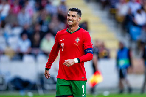 Cristiano Ronaldo reacts during Portugal vs Ireland in 2024