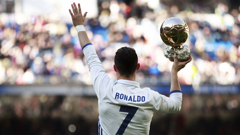 Cristiano Ronaldo showing the Ballon d'Or to Real Madrid fans