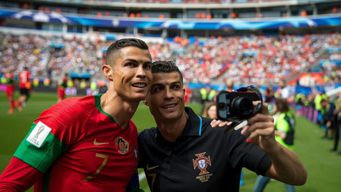 Cristiano Ronaldo taking a photo with a fan on the pitch