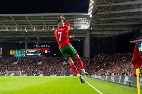 Cristiano Ronaldo jumps to celebrate goal for Portugal