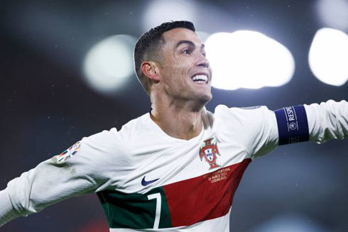 Cristiano Ronaldo in the Portuguese National Team wearing a white shirt