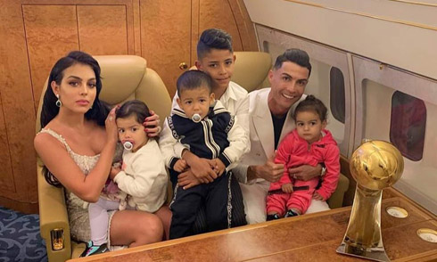 Cristiano Ronaldo with Georgina and their kids in CR7 private jet