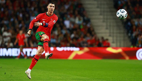 Cristiano Ronaldo shooting the ball in Portugal game