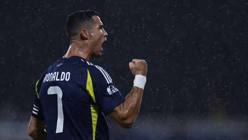 Cristiano Ronaldo scores for Al Nassr wearing a dark shirt