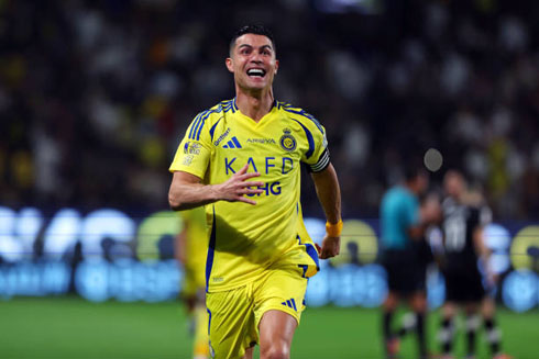 Cristiano Ronaldo smiling after scoring for Al Nassr in 2025